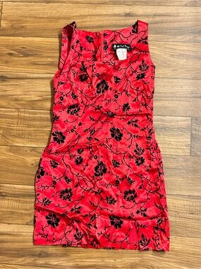 Red Floral Velvet Sheath Dress - Black Floral Accents size S